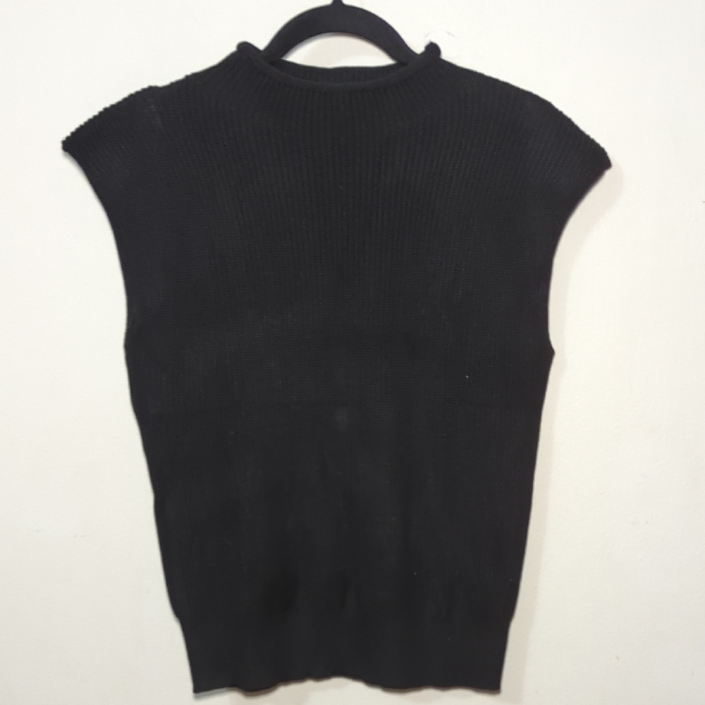 Black Sleeveless Sweater Knit Ribbed Shoulder Pads Stretch Women's Size S